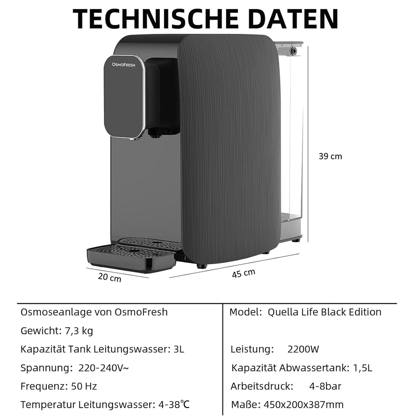 Osmofresh Auftisch Osmoseanlage Quella Life BLACK EDITION Mit 6 Temperaturstufen (~15-100°C) Mobil Kein Wasseranschluss Nötig 5 Stufige Filterung Kalkfreies Trinkwasser Filterlebensdauer