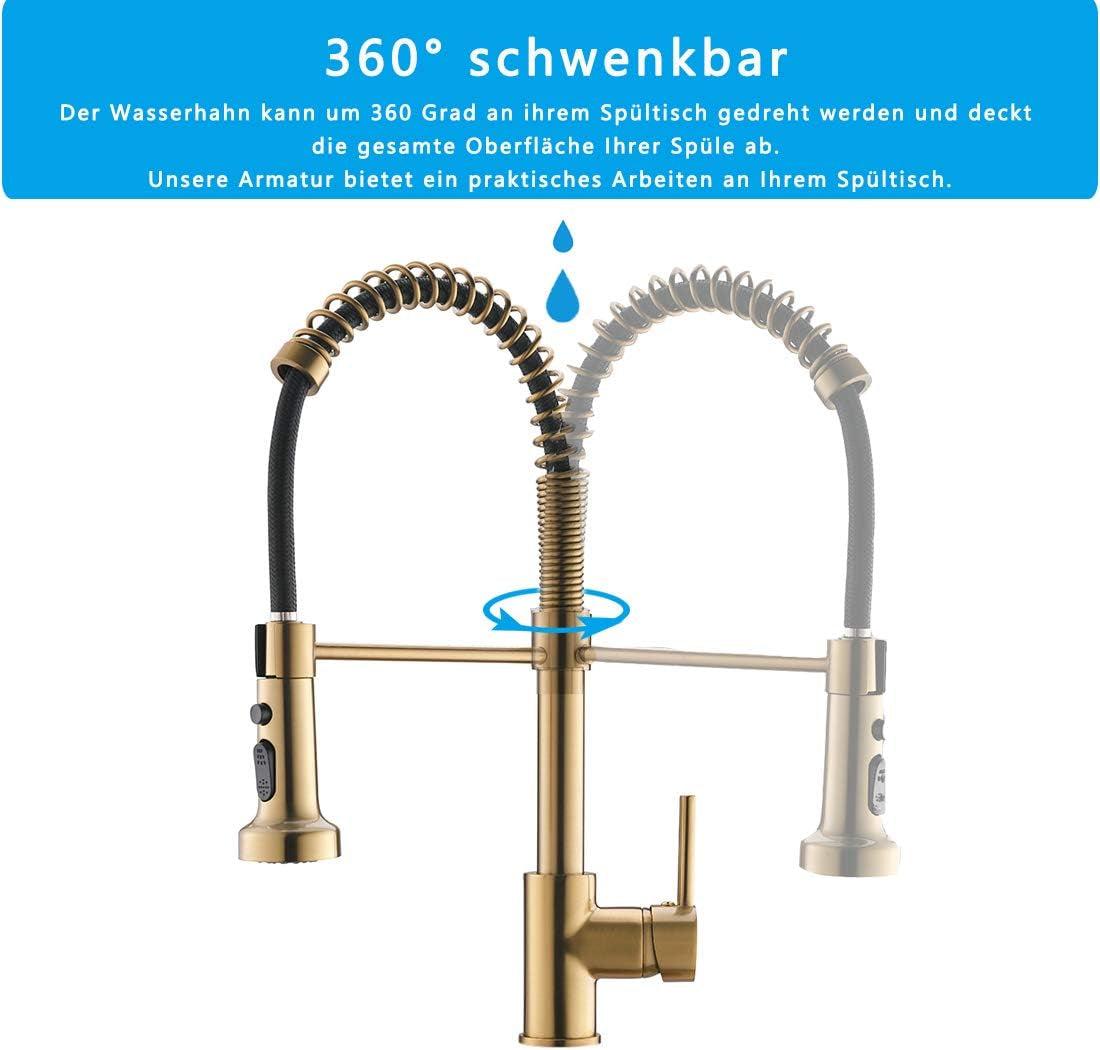 TIMACO Gebürstetes Gold Küchenarmatur Mit 360° Drehbar, Mit Pull-Down-Sprühgerät Armatur Mischbatterie, Handelsüblicher Einhand-Küchenarmatur Aus Gebürstetem Gold Wasserhahn Küche