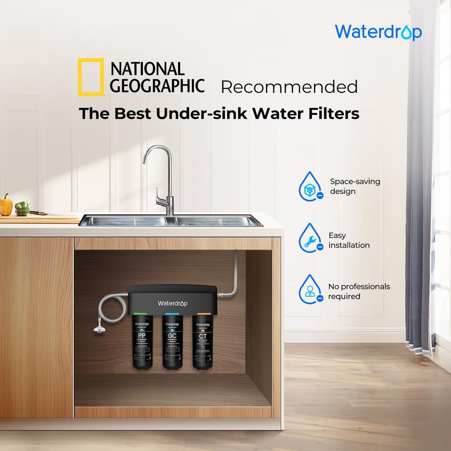 Waterdrop TSA Untertisch Wasserfiltersystem, 3-Stufige 0,5 Mikron Wasserfilter Trinkwasser, NSF/ANSI 42 Zertifiziert, Entfernt 99,99% Blei, Chlor, Chloramin, Fluorid, Geruch, Direktanschluss