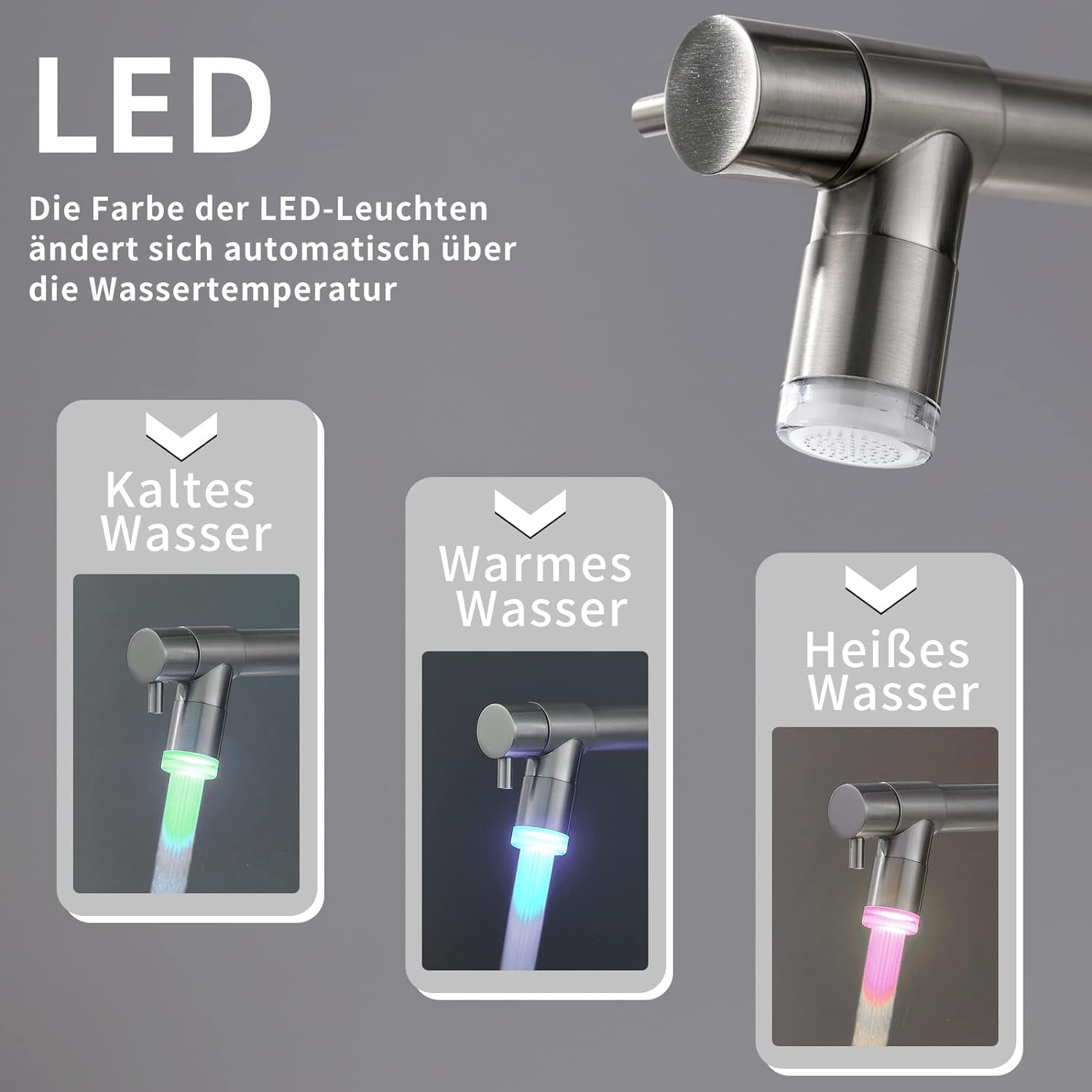 TIMACO LED Küchenarmatur Mit Spiralfeder, 360° Schwenkbare Spültischarmaturen Mit Zwei Auslauf, Wasserhahn Küchen & Brause Ausziehbar- Hochdruck, Gebürstetes Nickel