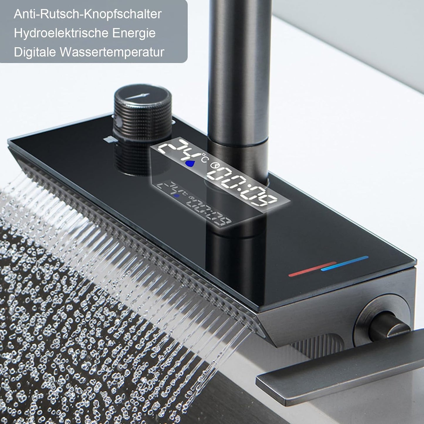 Wasserhahn Küche Schwarz, Wasserfall Küchenarmatur Mit Brause Ausziehbar, Mischbatterie Küche Mit Temperaturanzeige, 360° Drehung, Wasserfallauslauf, 3-Funktions-Ausziehbrause, Messing