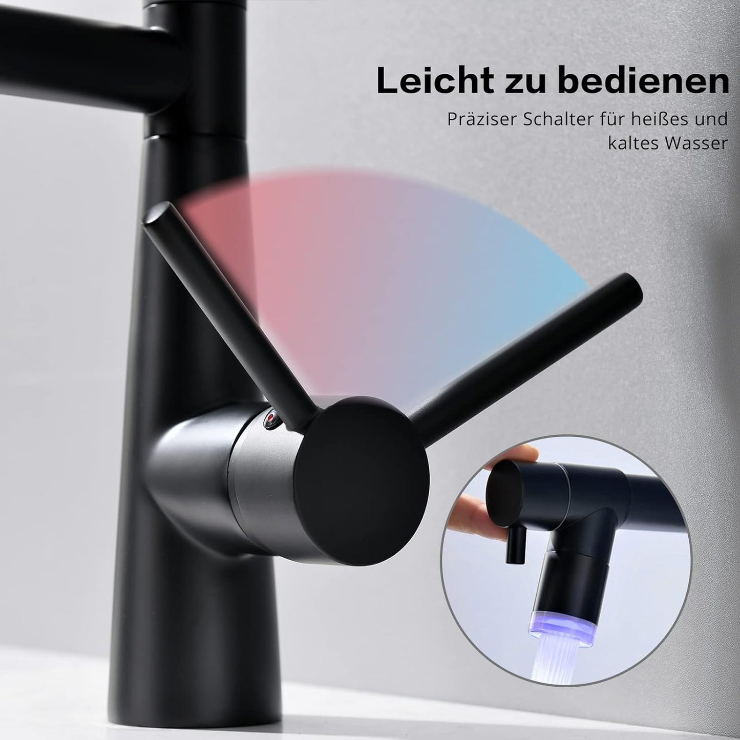 TIMACO Schwarz LED Wasserhahn Küche,Küchenarmatur Mit Schloss Brause Ausziehbar - 360° Schwenkbarz- Pull-Down-Spray - Hochdruck