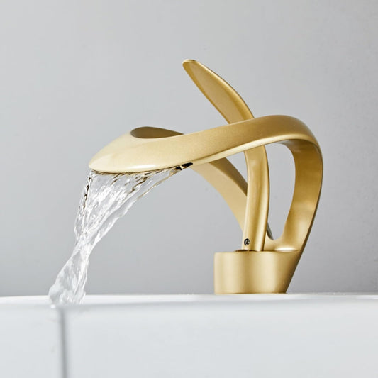 Messing Wasserfall Wasserhahn Kern, Elegantes Einloch Badezimmer Waschbecken, Einzigartiger Zeitgenössischer Waschtisch Für Hohen Schwanen Wasserhahn (Gold)