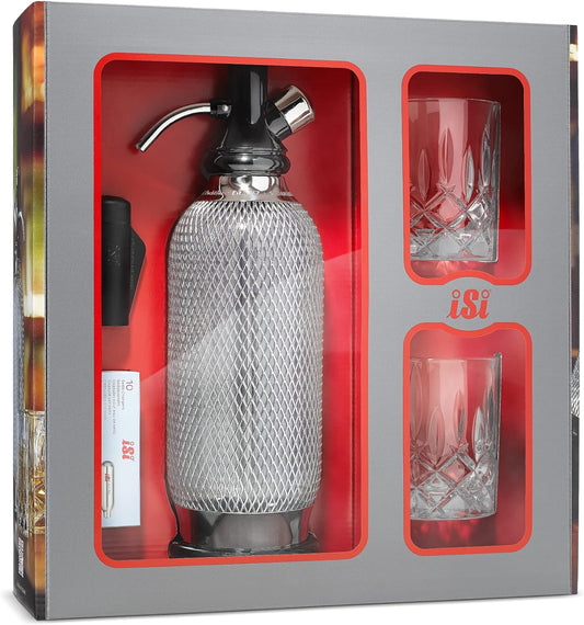 Isi Soda Maker Classic Geschenkset, Inkl. 2 X Gläser & 10 Sodakapseln, Soda Siphon, Wassersprudler 1,0L, Edelstahl, Barzubehör Für Prickelndes Sprudelwasser