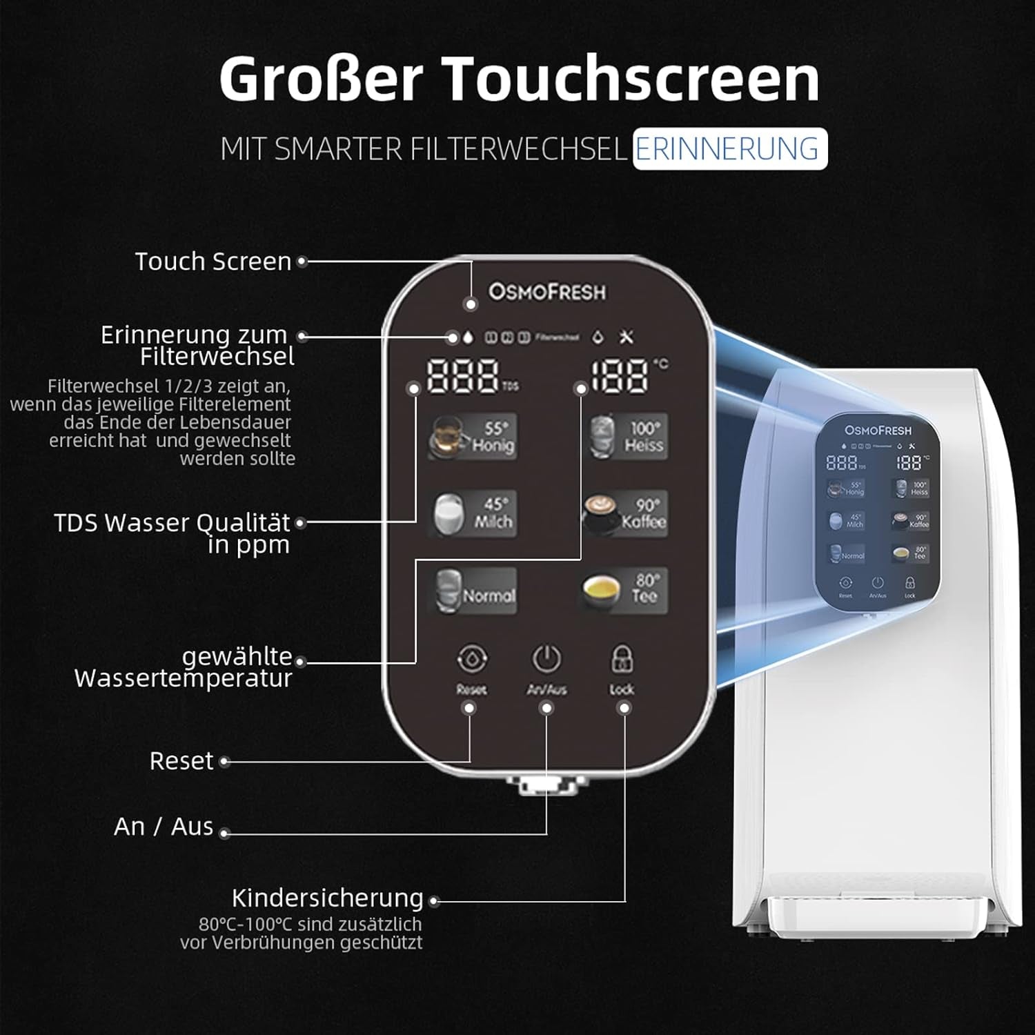 Osmofresh Auftisch Osmoseanlage Quella Life Mit 6 Temperaturstufen (~15-100°C) Mobil Kein Wasseranschluss Nötig 5 Stufige Filterung Kalkfreies Trinkwasser Überwachung Filterlebensdauer Wasserspender