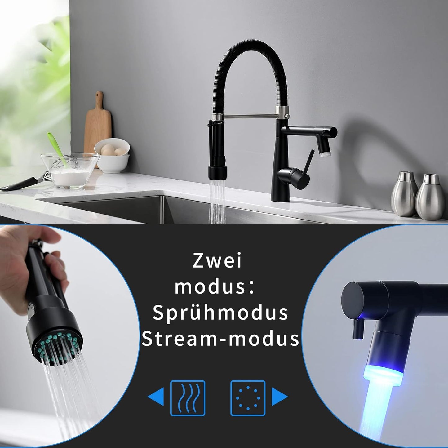 TIMACO Schwarz LED Wasserhahn Küche,Küchenarmatur Mit Schloss Brause Ausziehbar - 360° Schwenkbarz- Pull-Down-Spray - Hochdruck