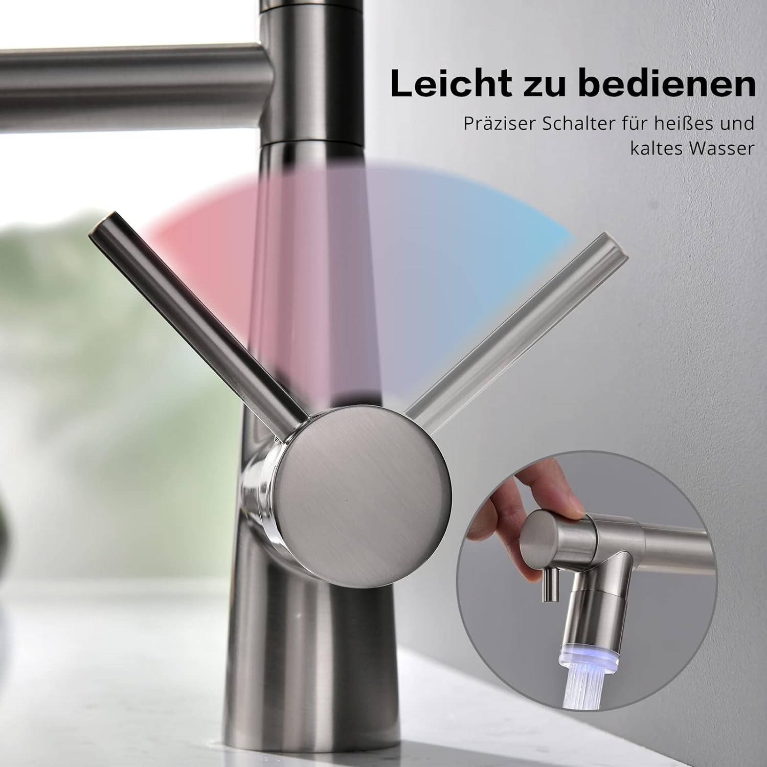 TIMACO LED Küchenarmatur Mit Spiralfeder, 360° Schwenkbare Spültischarmaturen Mit Zwei Auslauf, Wasserhahn Küchen & Brause Ausziehbar- Hochdruck, Gebürstetes Nickel