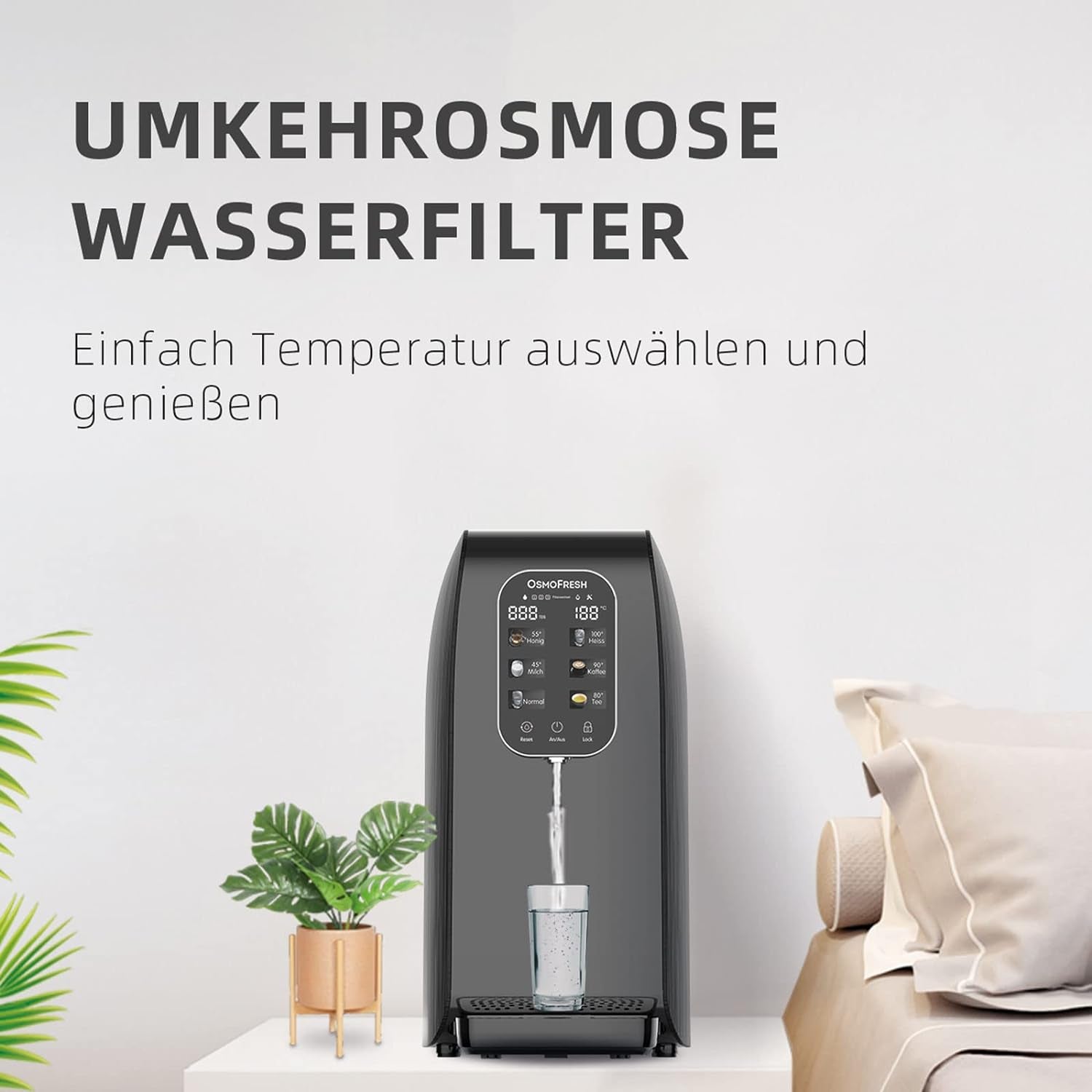 Osmofresh Auftisch Osmoseanlage Quella Life BLACK EDITION Mit 6 Temperaturstufen (~15-100°C) Mobil Kein Wasseranschluss Nötig 5 Stufige Filterung Kalkfreies Trinkwasser Filterlebensdauer