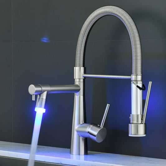 TIMACO LED Küchenarmatur Mit Spiralfeder, 360° Schwenkbare Spültischarmaturen Mit Zwei Auslauf, Wasserhahn Küchen & Brause Ausziehbar- Hochdruck, Gebürstetes Nickel