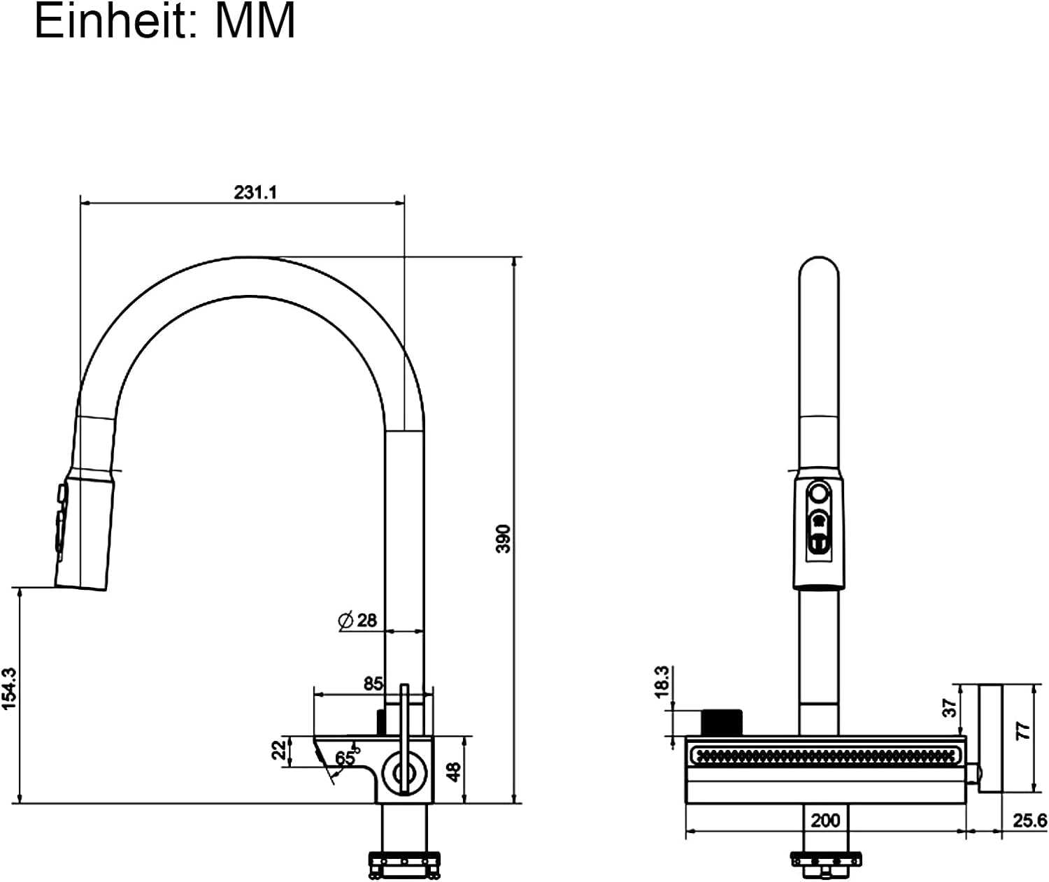 Wasserhahn Küche Schwarz, Wasserfall Küchenarmatur Mit Brause Ausziehbar, Mischbatterie Küche Mit Temperaturanzeige, 360° Drehung, Wasserfallauslauf, 3-Funktions-Ausziehbrause, Messing