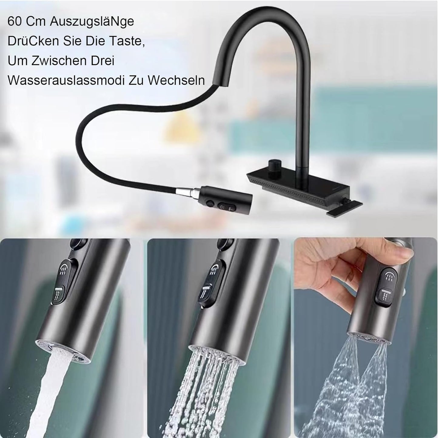 Wasserhahn Küche Schwarz, Wasserfall Küchenarmatur Mit Brause Ausziehbar, Mischbatterie Küche Mit Temperaturanzeige, 360° Drehung, Wasserfallauslauf, 3-Funktions-Ausziehbrause, Messing